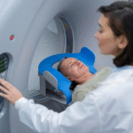 Male patient undergoing a CT scan while a healthcare professional operates the machine