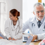 A doctor attends to a smiling inpatient in a hospital bed, while another physician consults with an outpatient during a medical appointment.