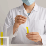 Medical professional holding a urine sample in a test tube for analysis as part of a 5-panel drug test in a laboratory setting.
