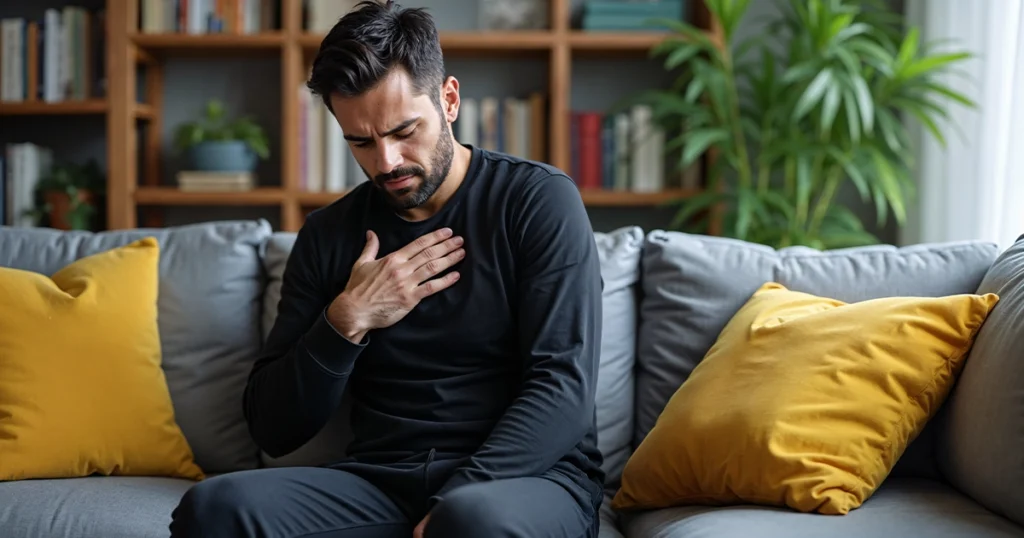 Man holding chest indoors showing upper respiratory symptoms.