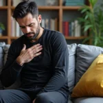 Man holding chest indoors showing upper respiratory symptoms.