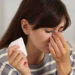 Woman pressing nose bridge while experiencing sinus pressure symptoms.