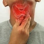 Person holding throat with highlighted graphic showing throat discomfort.