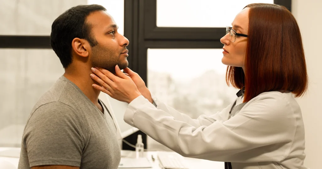 Doctor examining patient’s neck for visible tonsil-related symptoms.