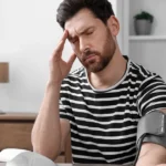 Man measuring blood pressure and feeling headache discomfort.