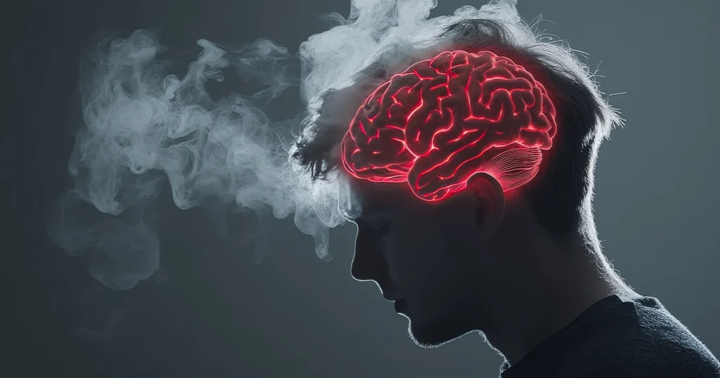 Side profile silhouette with bright brain depicting brain fog